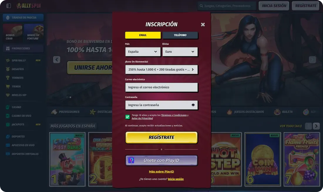 registro en el casino allyspin